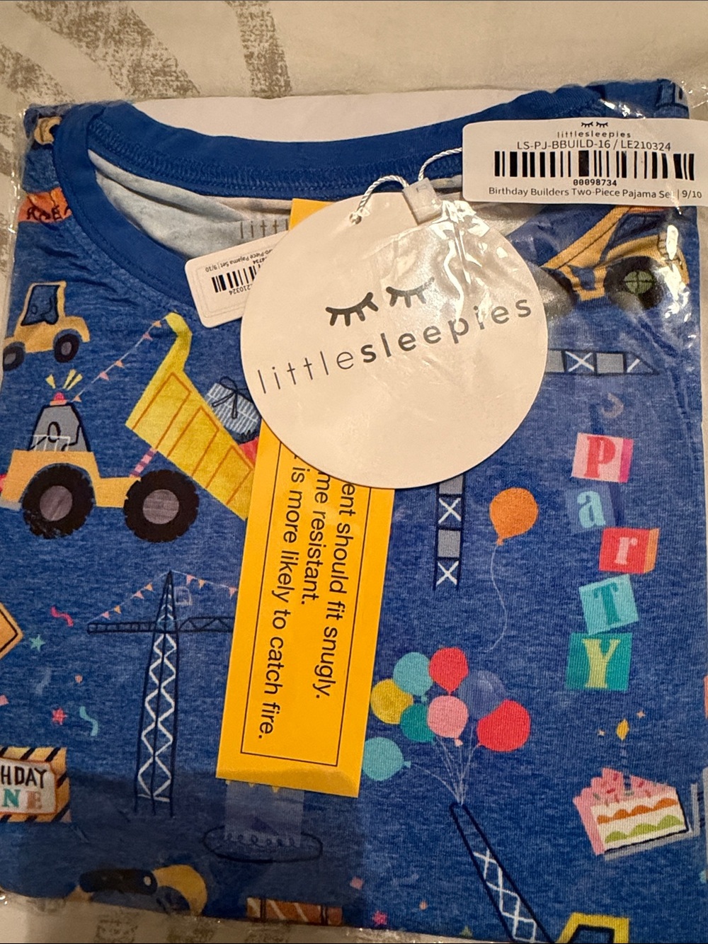 Little Sleepies Blue Builders Birthday Kids Pajama Set 9/10 New
